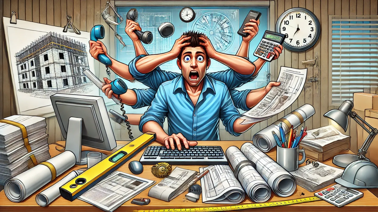 Cartoon of an overwhelmed multi-armed electrical estimator at a cluttered desk juggling blueprints, phones, calculators, a hard hat, and a keyboard — too much bid work at once
